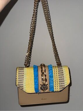 Aldo Tan Crossbody Bag with Yellow & Blue Woven Flap